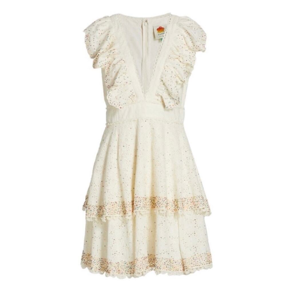 Farm Rio Beaded Eyelet Mini Dress Off White Multicolor Beads Size Large Cotton